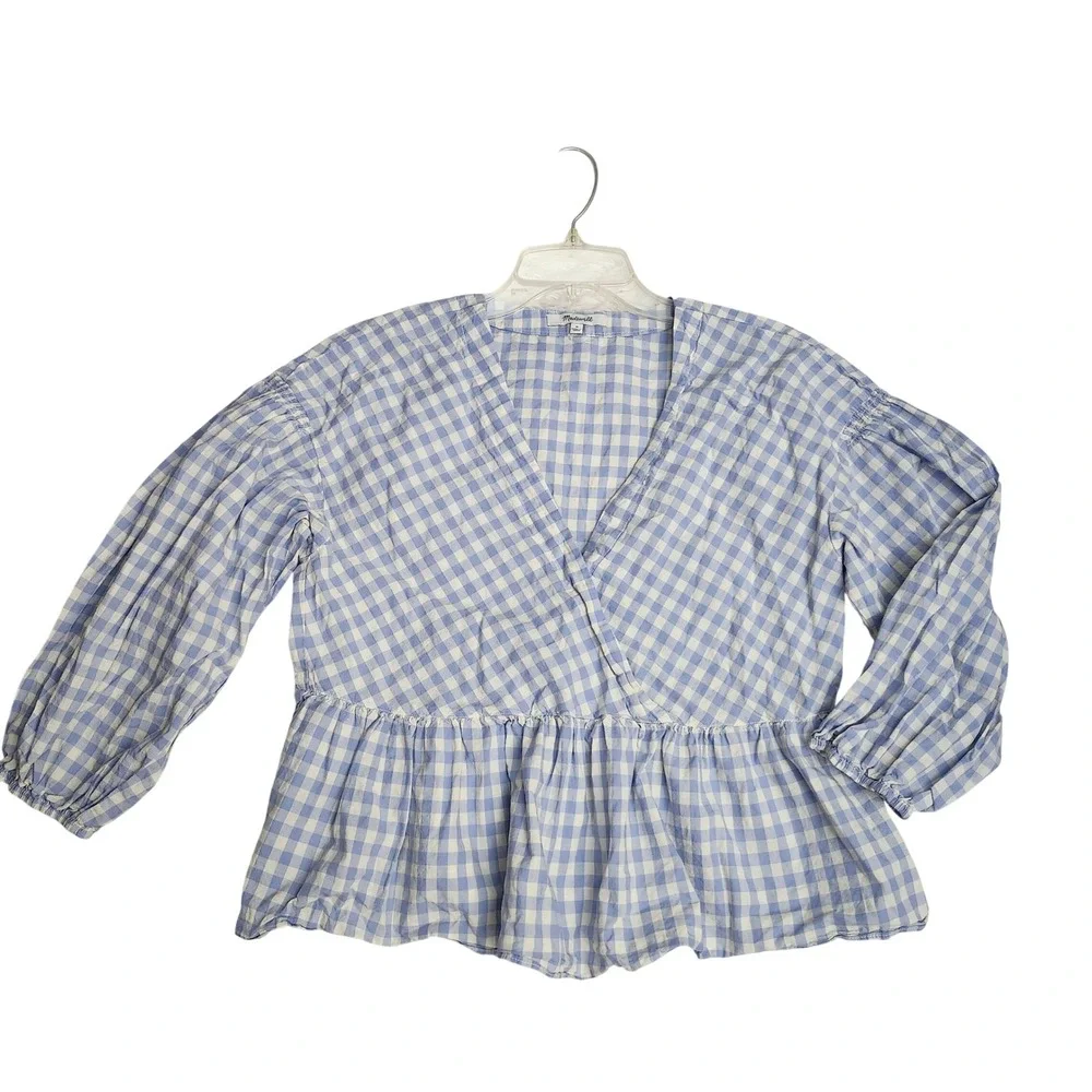Madewell Blue White Gingham Cotton Wrap Peplum Puff Sleeve Top Sz M Romantic